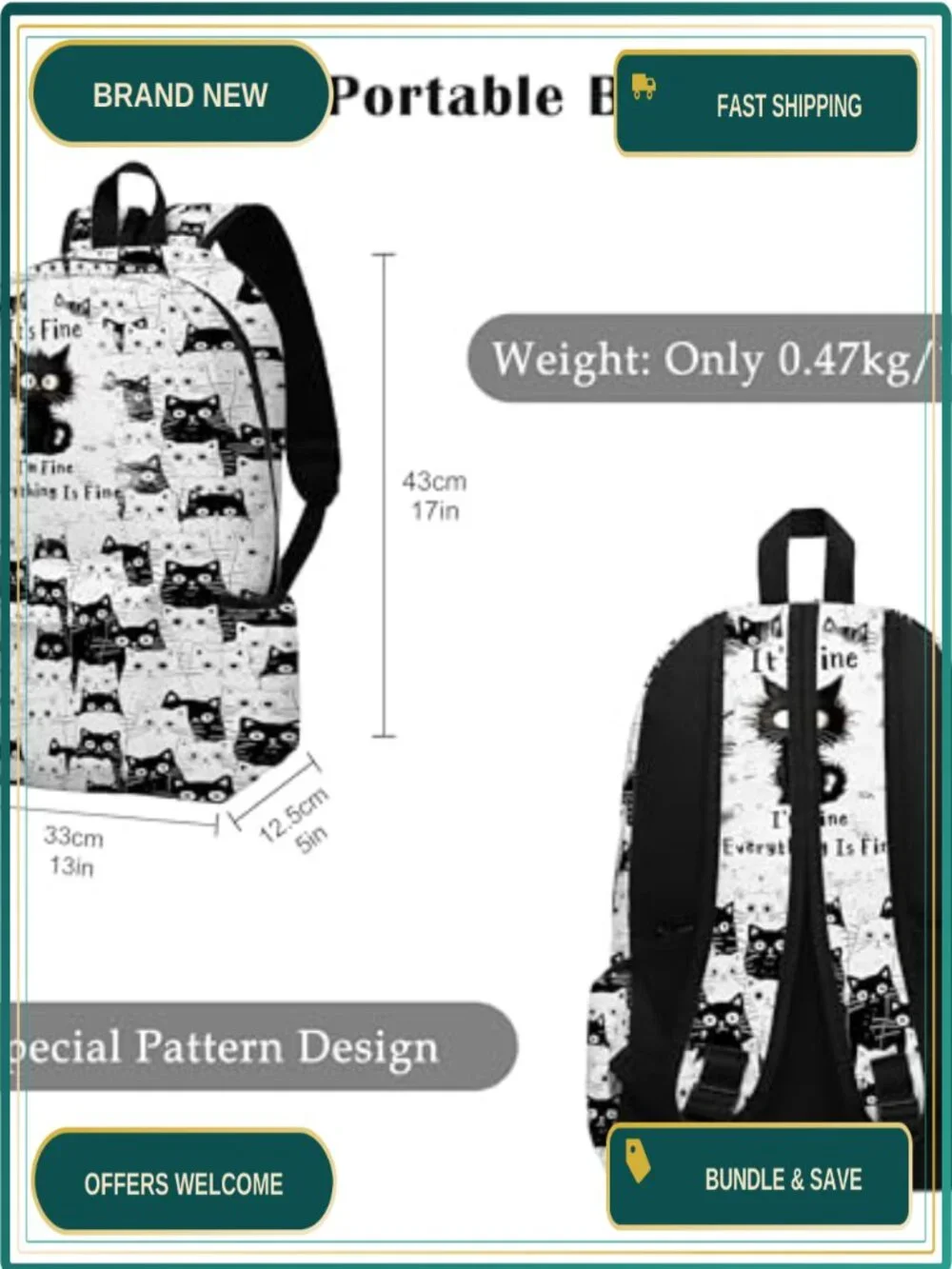 17 Inch Cat Laptop Backpack for School Travel Hiking - Polyester Daypack